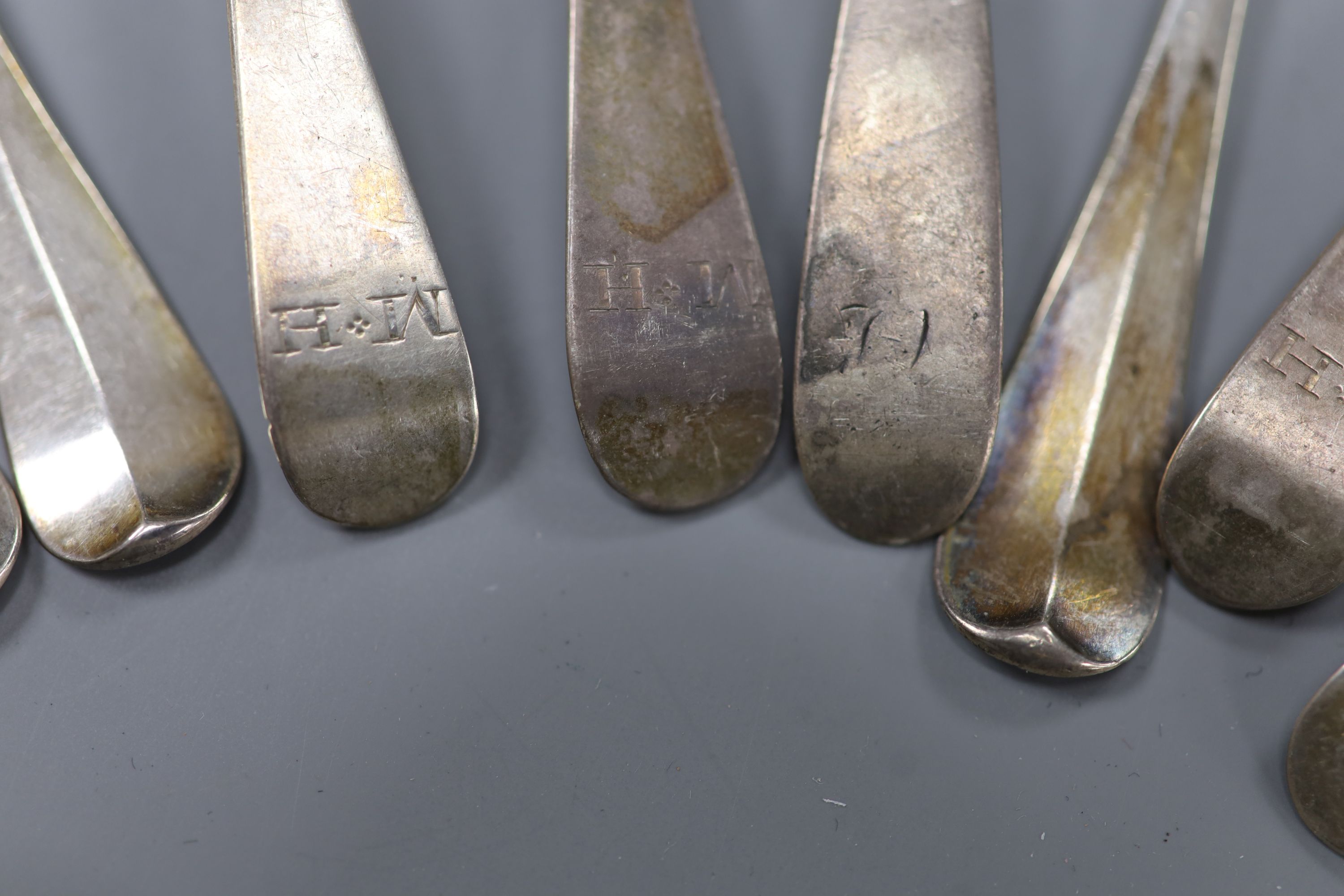 A set of six George III silver Old English pattern teaspoons, by Peter, Ann & William Bateman, London, 1800, one other set of six Georgian silver teaspoons and one Scottish silver teaspoon